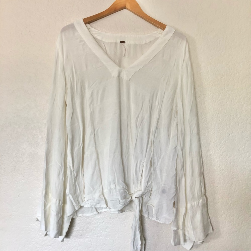 Free People White light Weight Blouse Tie Bottom with Bell Sleeves